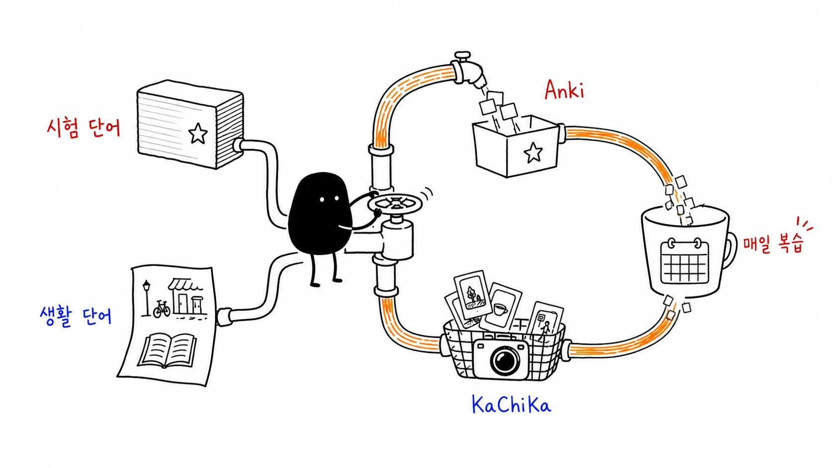 검은 캐릭터가 두 갈래 밸브를 돌려 시험 단어는 Anki로, 생활 단어는 KaChiKa로 보내고 둘 다 매일 복습으로 합치는 그림
