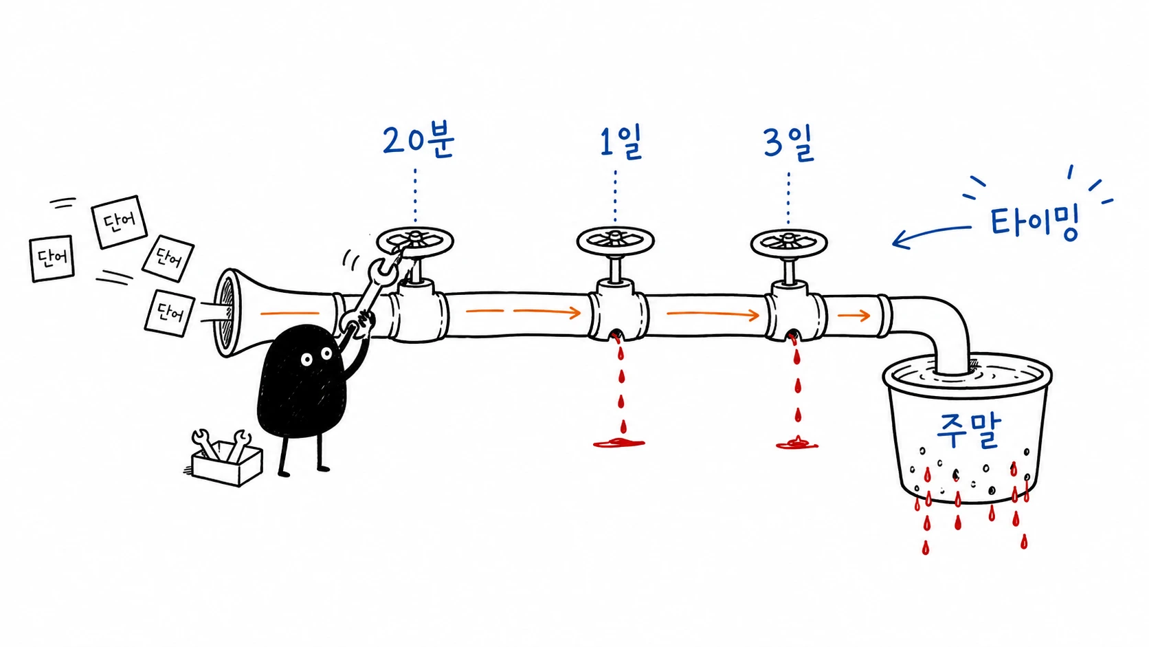 복습 배관 앞에서 20분·1일·3일의 이른 밸브를 잠가, 주말이 오기 전에 단어 카드가 새어 나가는 것을 막는 모습