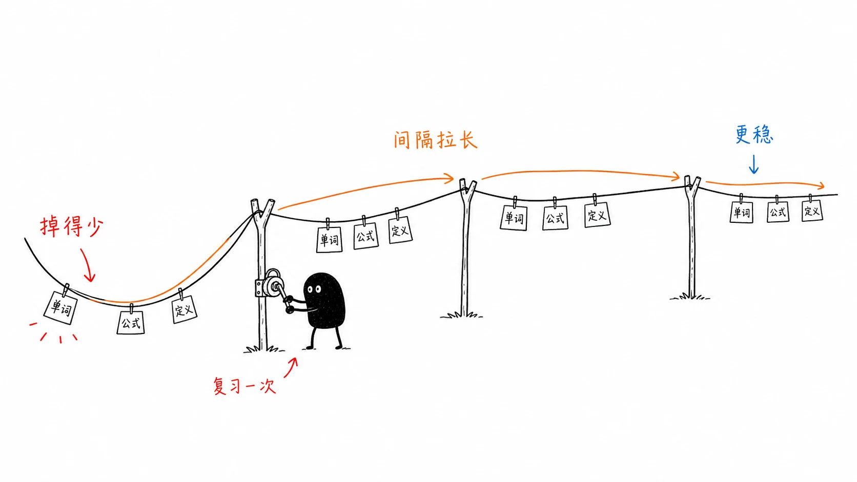 小黑拧紧挂着单词卡的记忆绳，每次复习都让下一段下滑更少、间隔更长