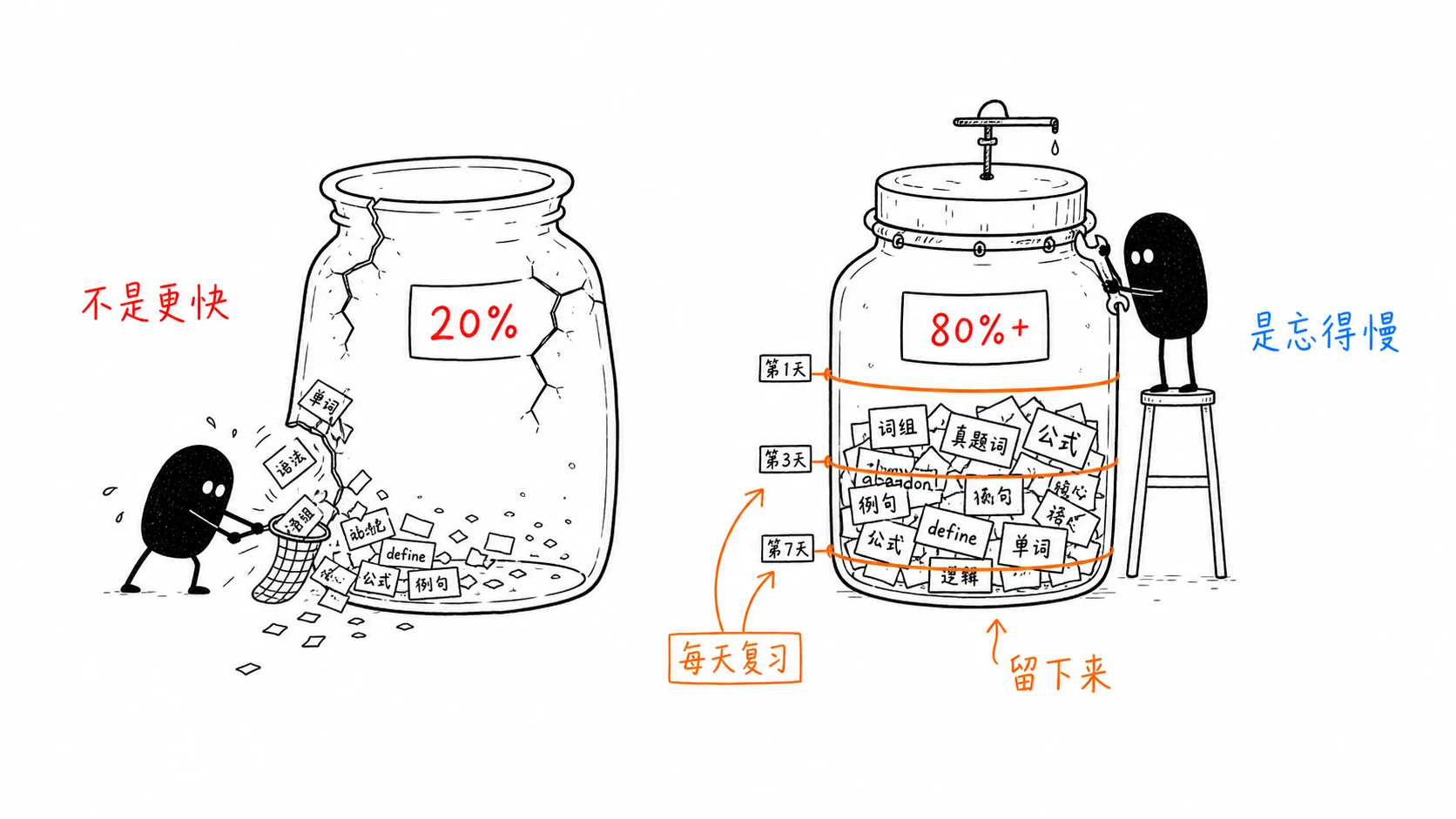 小黑对比两个记忆罐：不用 SRS 只剩 20%，持续复习后留下 80% 以上，重点不是更快而是忘得更慢