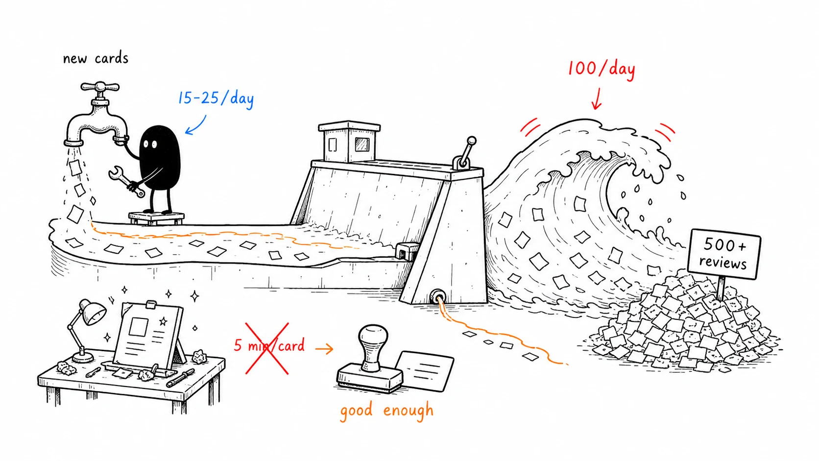 Xiaohei adjusts a new-card faucet on a review dam, keeping daily cards sustainable instead of flooding the queue